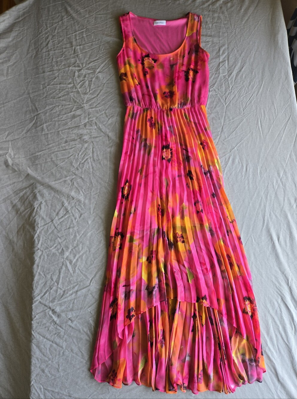 ✨ Calvin Klein Hot Pink & Orange Floral Pleated Maxi Dress - Size 4 ✨